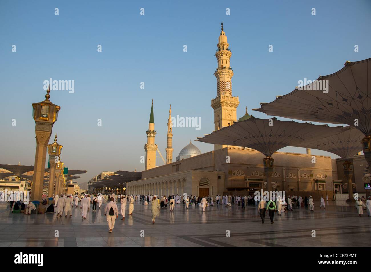 Medina, Masjid al Nabawi. Muslim pilgrims visiting the beautiful Nabawi Mosque. The Prophet mosque. Stock Photo