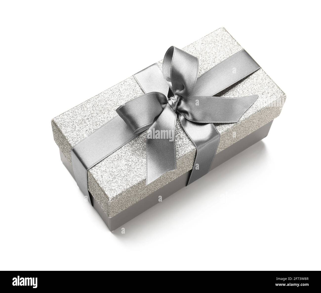 Gift box with silver ribbon on white background Stock Photo - Alamy