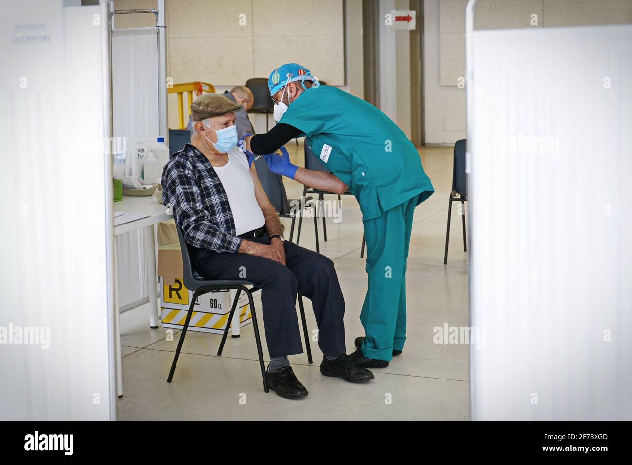 Vaccination centre against Covid-19 for elderly octogenarians. Turin, Italy - April 2021 Stock Photo