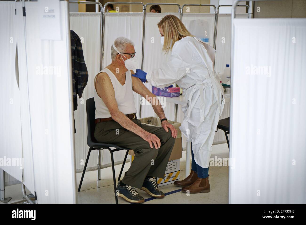 Vaccination centre against Covid-19 for elderly octogenarians. Turin, Italy - April 2021 Stock Photo