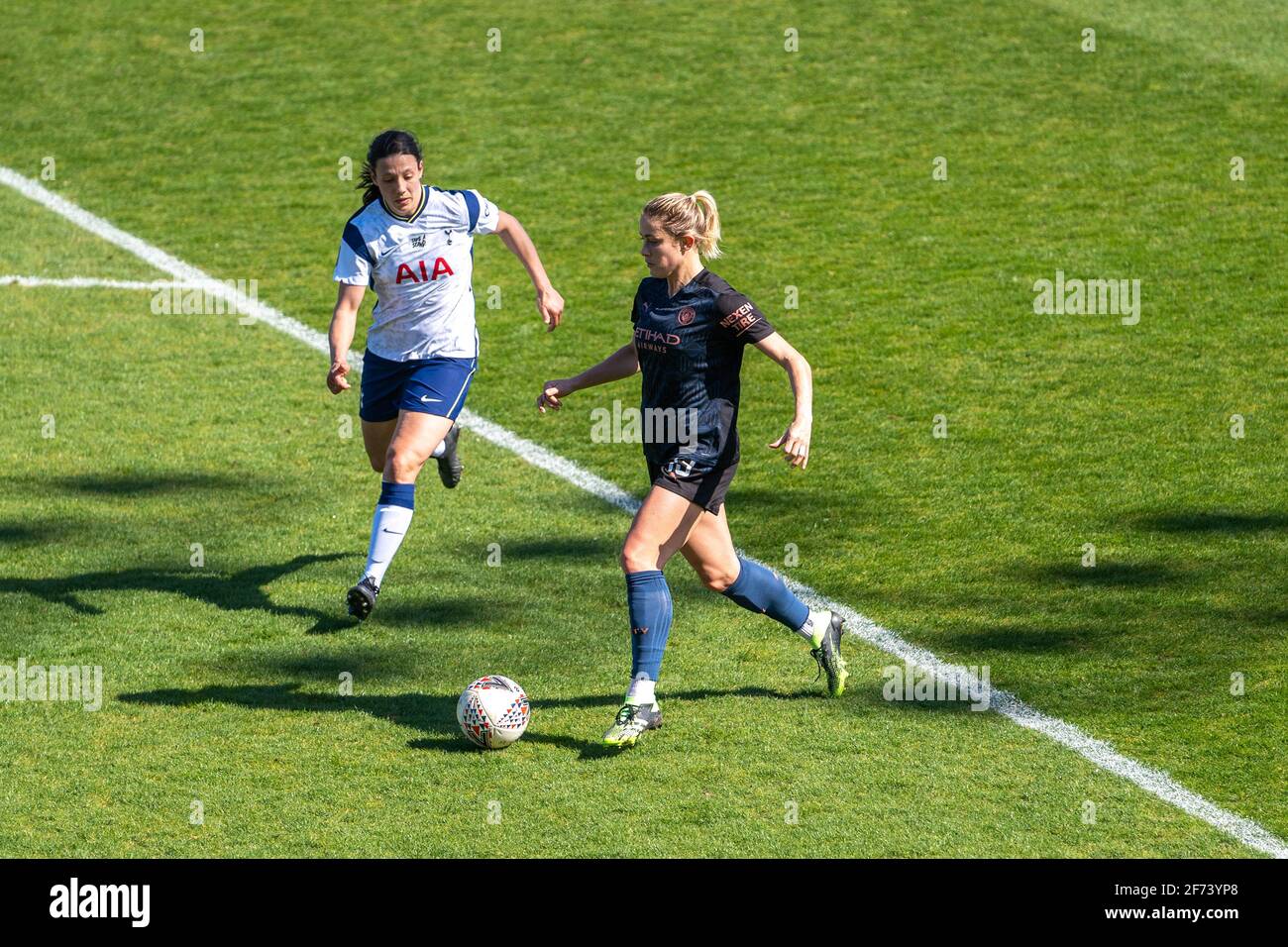 London, UK. 04th Apr, 2021. Rachel Williams (#10 Tottenham) and Abby Dahlkemper (#13 Manchester City) during the Barclays FA Womens Super League game between Tottenham Hotspur and Manchester City at The Hive, in London, England. Credit: SPP Sport Press Photo. /Alamy Live News Stock Photo
