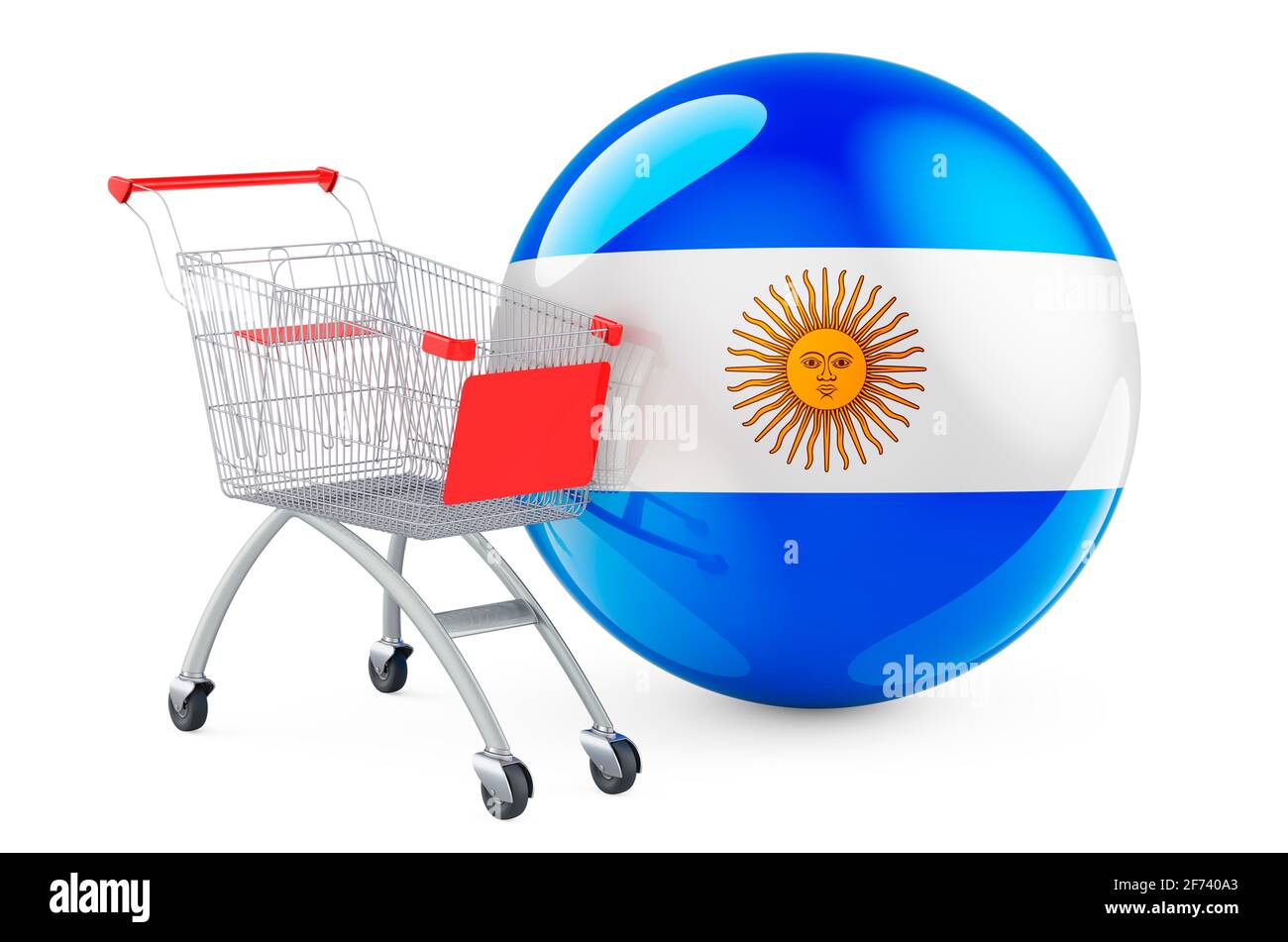 Shopping cart with Argentinean flag. Shopping in Argentina concept. 3D