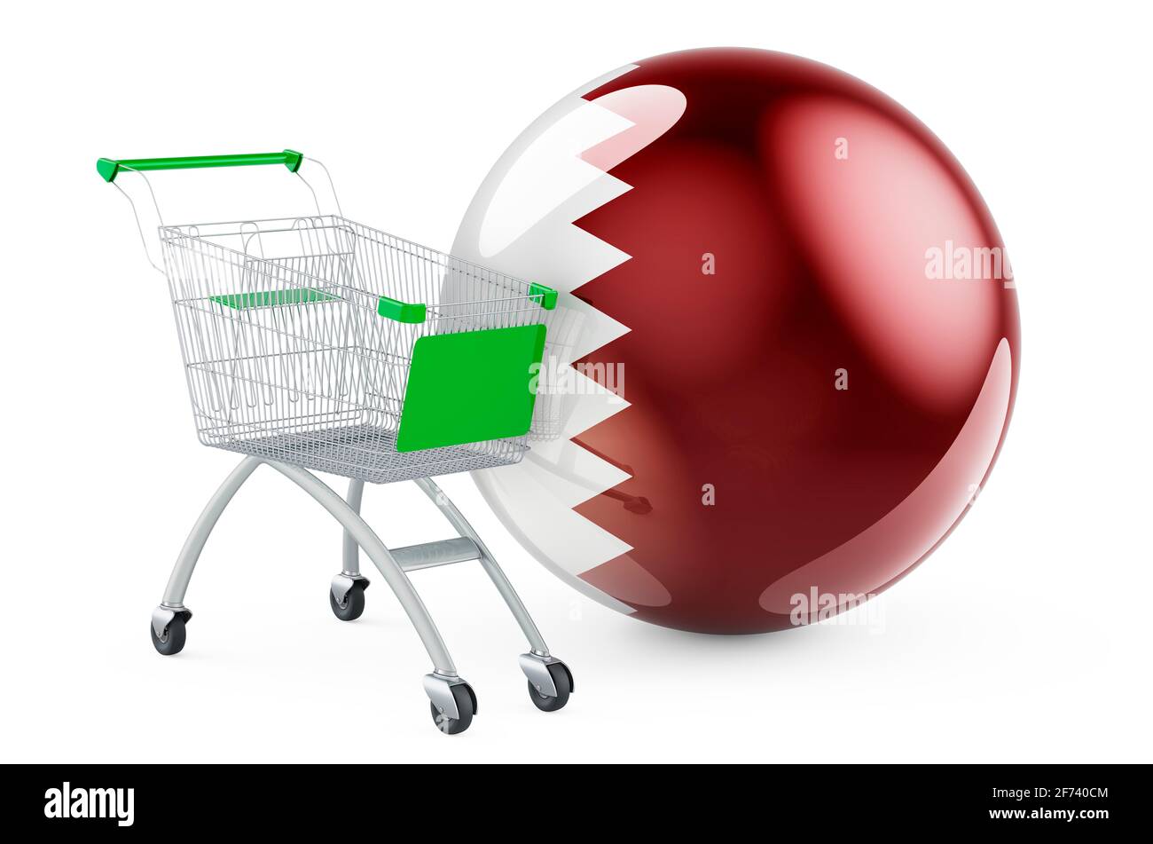 Shopping cart with Qatari flag. Shopping in Qatar concept. 3D rendering