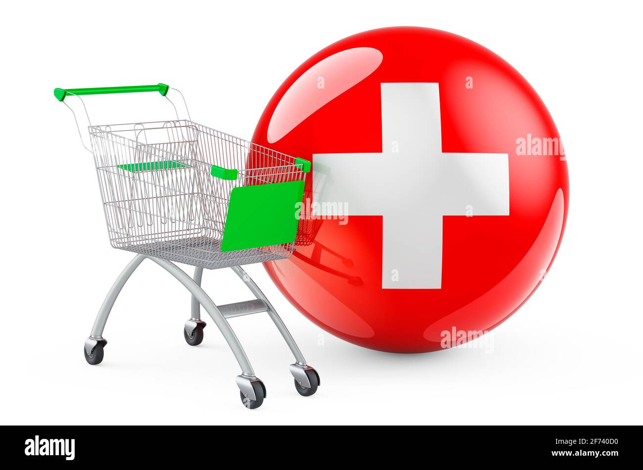 Shopping cart with Swiss flag. Shopping in Switzerland concept. 3D