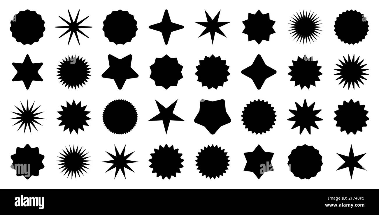 Retro stars, sunburst symbols. Vintage sunbeam icons. Black shopping labels, sale or discount sticker, quality mark. Special offer price tag Stock Vector