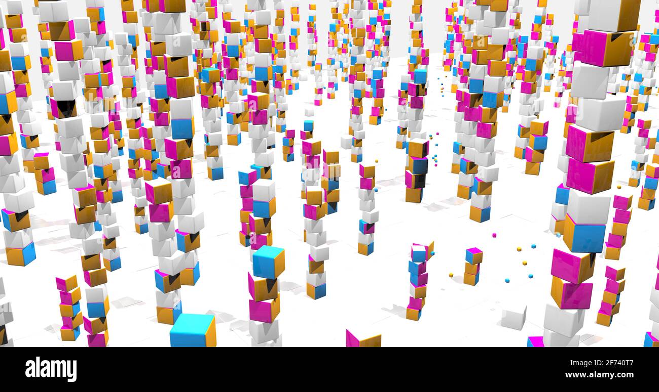 Field full of towers of red, yellow and blue colored messy cubes with ...