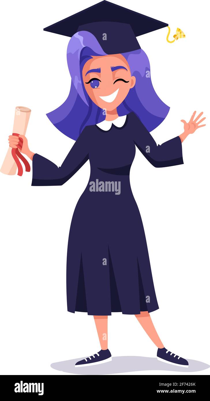 Happy Graduate Student Girl in an academic cap and mantle holding diploma, smiling and celebrating graduation Stock Vector