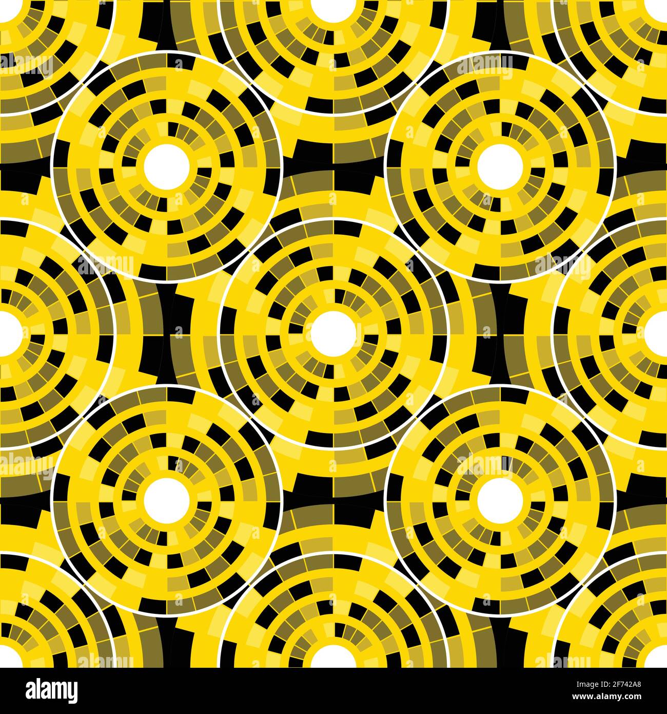 Seamless black, yellow and white pattern in the form of abstract circles. vector Stock Vector