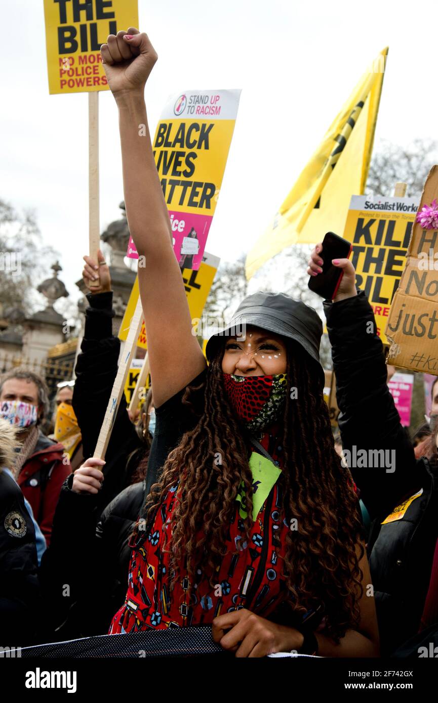 April 3rd 2021. National Day of Action against the proposed new policing bill  which would give police extra powers to limit the length and noise of p Stock Photo