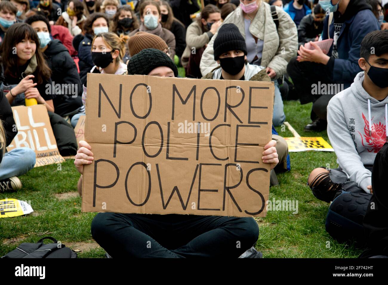 April 3rd 2021. National Day of Action against the proposed new policing bill  which would give police extra powers to limit the length and noise of p Stock Photo