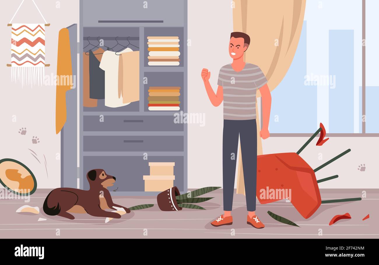 People scold dog pet behavior problem vector illustration. Cartoon young angry man character scolding doggy for messy chaos in bedroom, naughty Stock Vector
