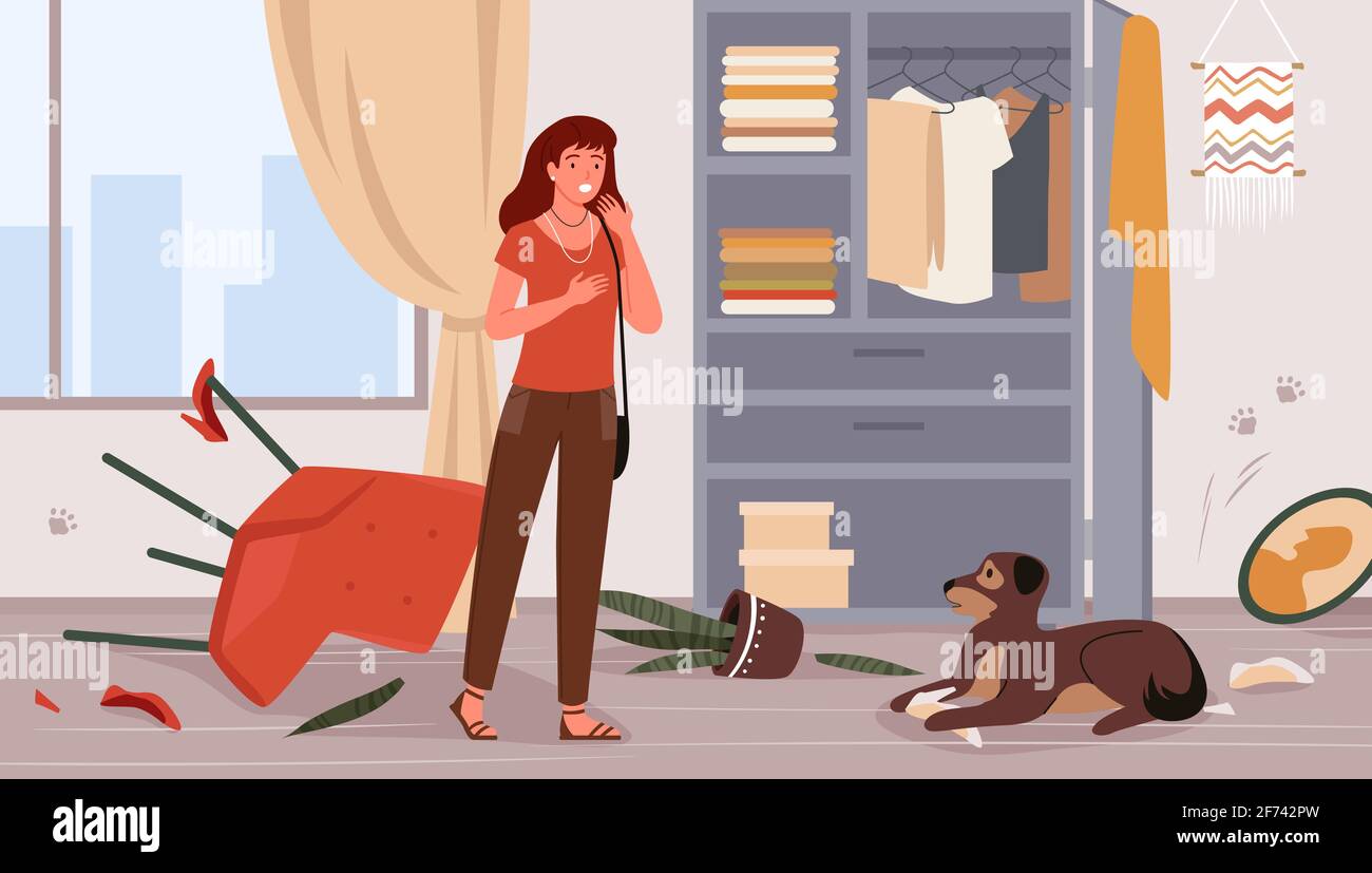 Problem of pet dog owner, upset woman scolding dog for mess and damaged furniture Stock Vector