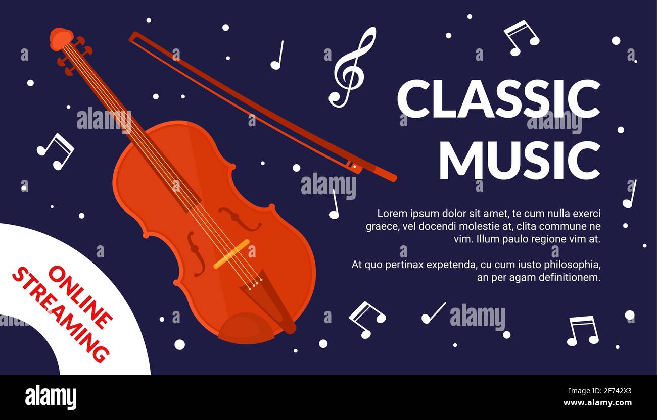 Classical music festival event flyer, acoustic violin musical instrument and notes Stock Vector
