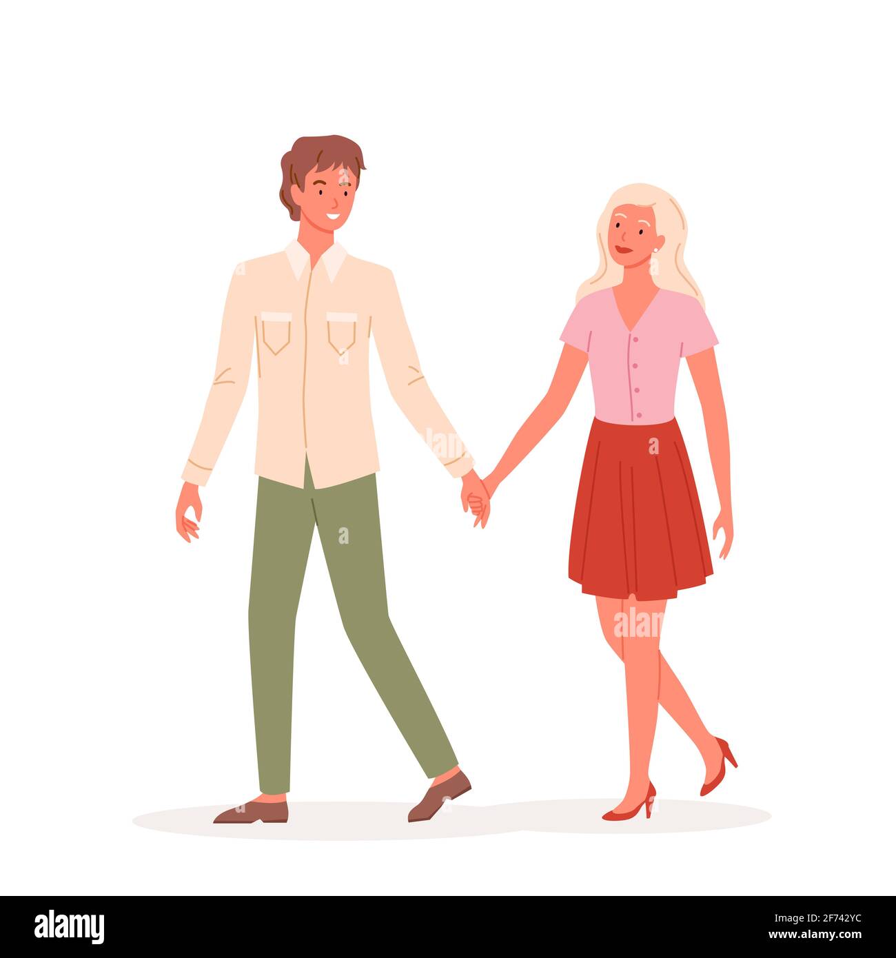 Couple people walk, holding hands on date, happy cute loving pair of man woman dating Stock Vector