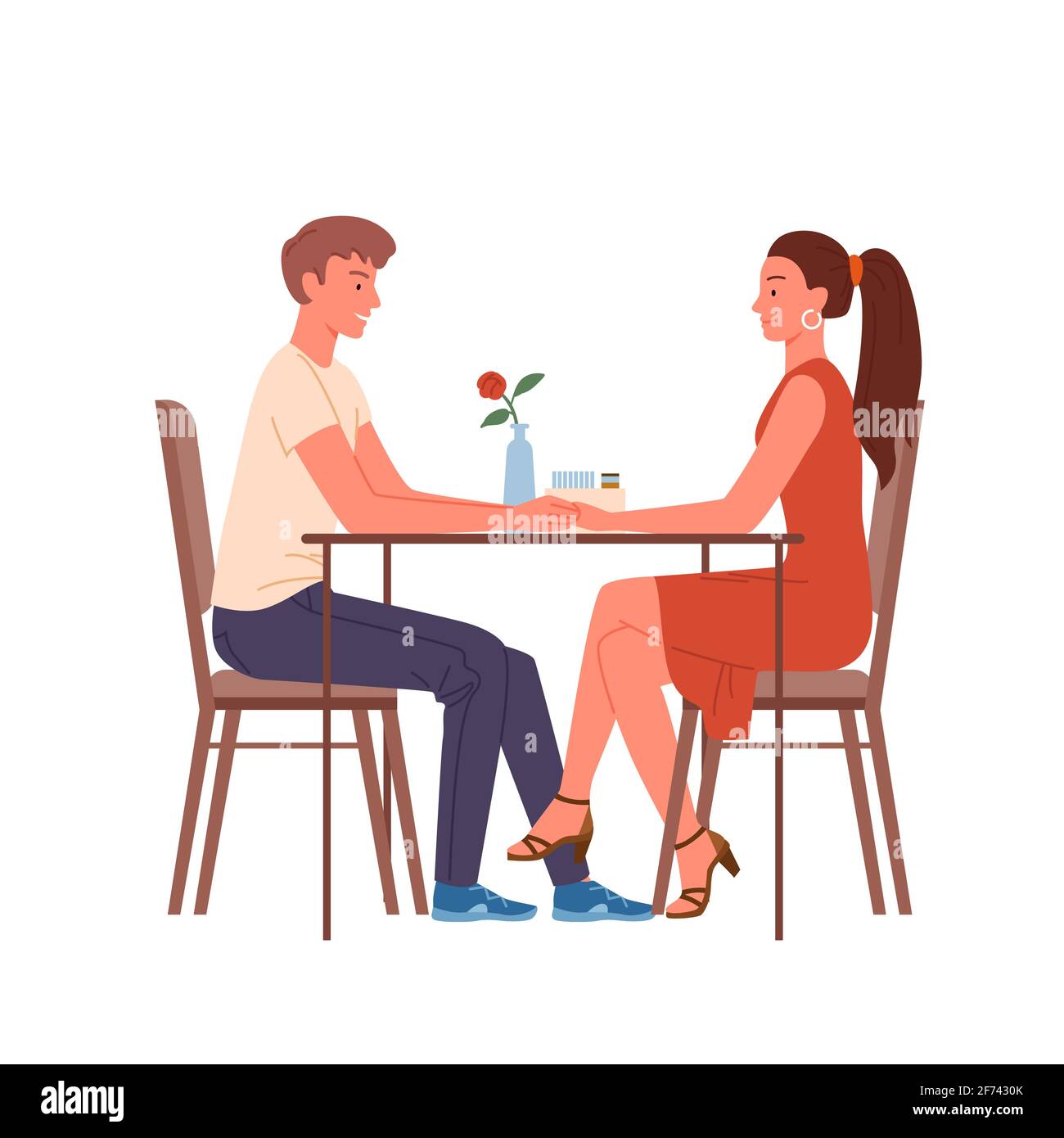 Couple people meet on date, happy loving pair of man woman sitting at table together Stock Vector