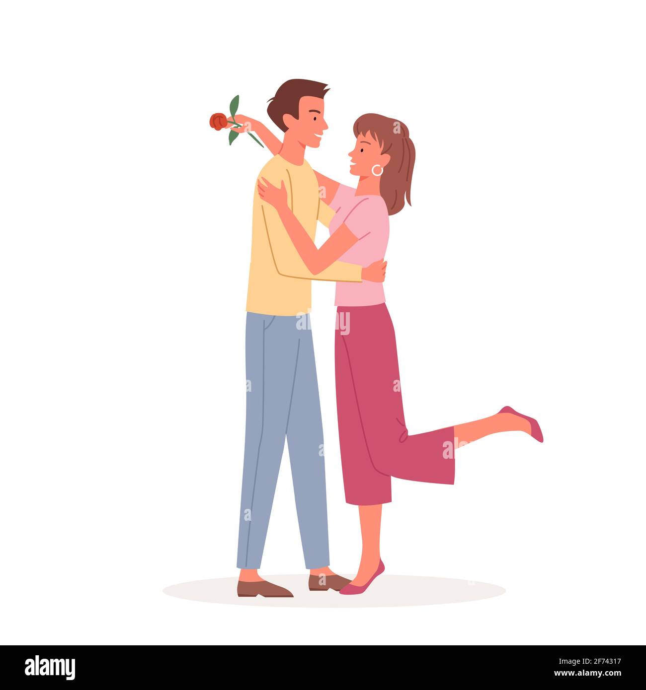 Couple people hug and love on date, pair of man woman hugging after giving flower gift Stock Vector