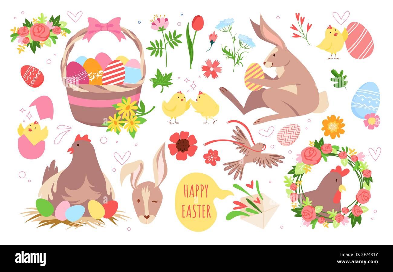 Cartoon funny spring collection with bunny animal, hen in nest, basket with eggs and chickens, garden flowers in easter wreath holiday greeting Stock Vector