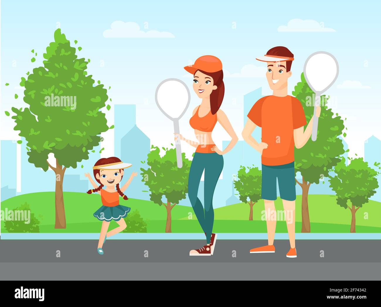 Happy family people play badminton sport, young mother father and daughter in sportswear Stock Vector