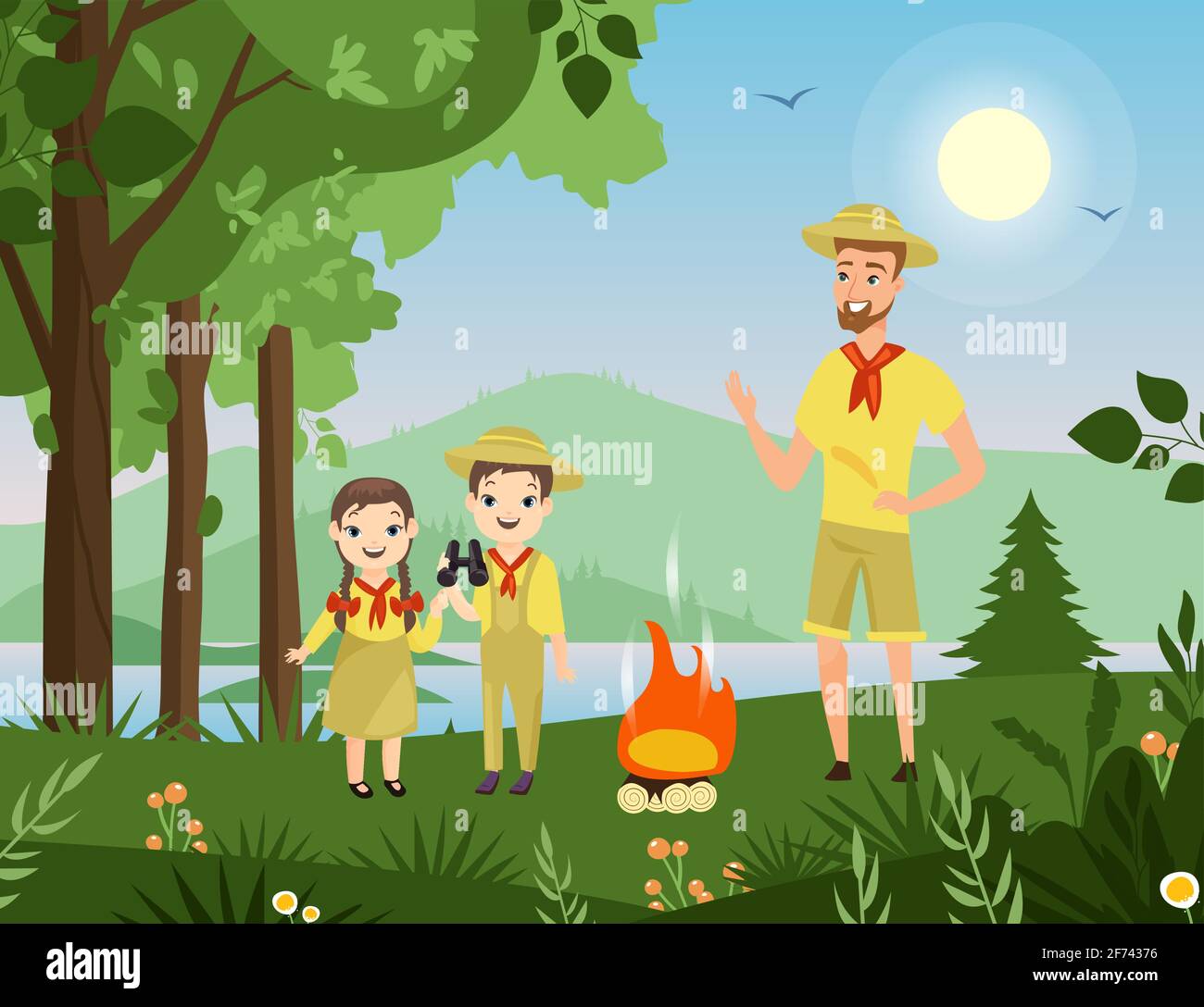 People forest camping hiking, young man, cute boy and girl scouts standing with camp fire Stock Vector