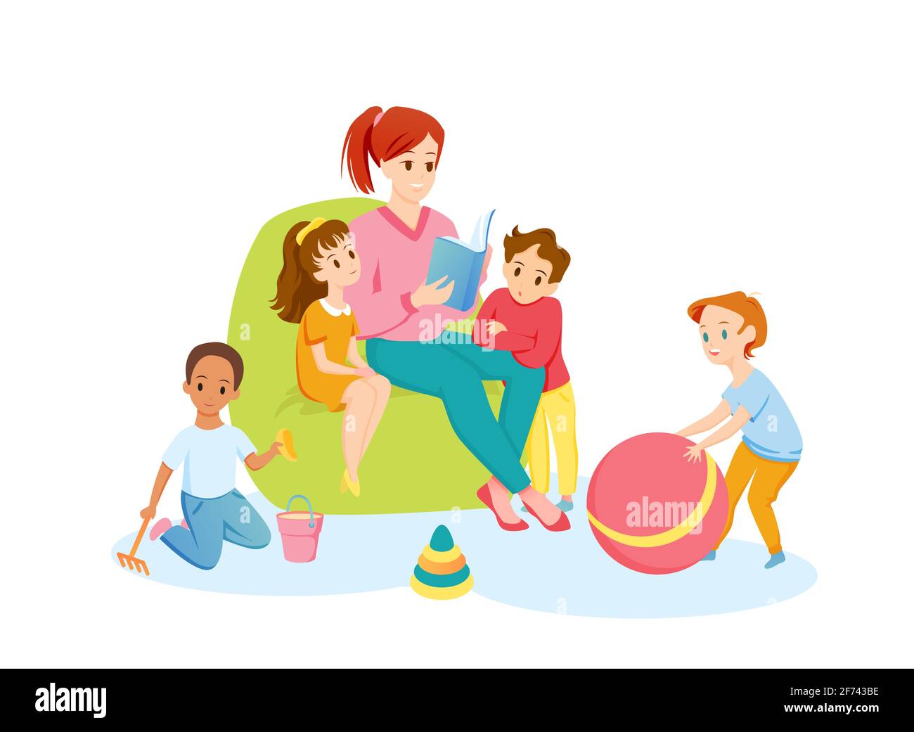 Teacher and preschool children read book together, young happy woman reading storybook Stock Vector