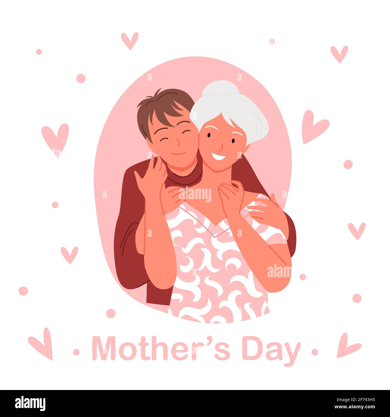 Mothers day concept, young happy boy son hugging old mother or grandmother with love Stock Vector