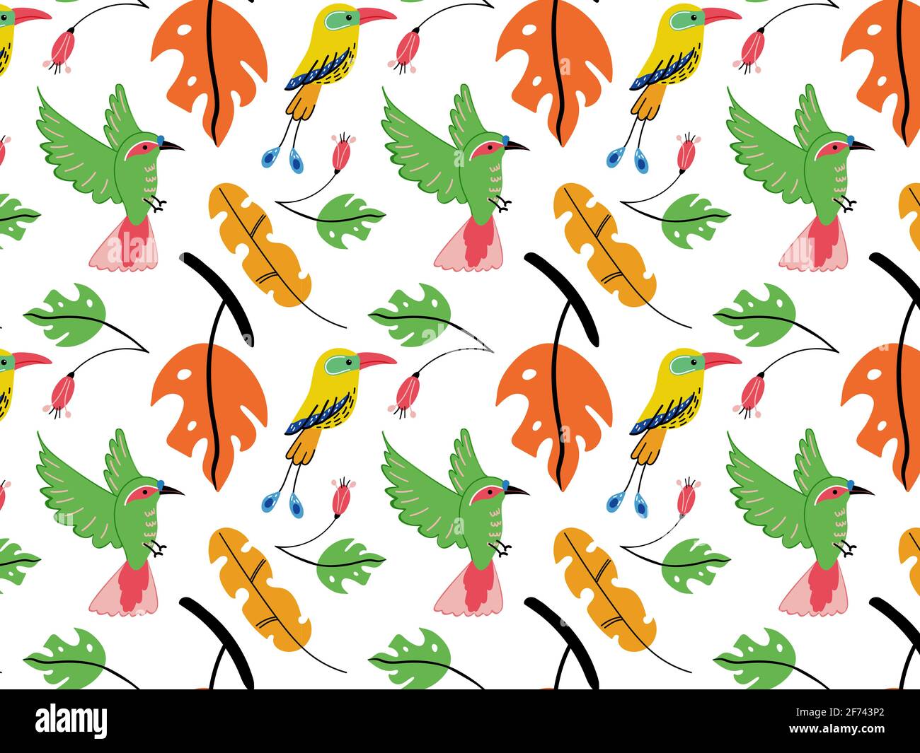 Vector pattern exotic birds and tropical leaves Stock Vector