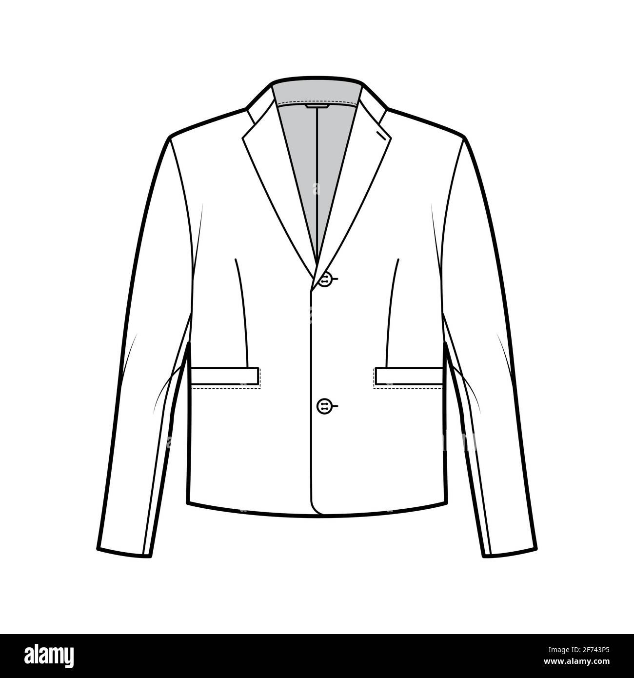 Single breasted jacket suit technical fashion illustration with long  sleeves, notched lapel collar, flap welt pockets. Flat coat template front,  white color style. Women, men, unisex top CAD mockup Stock Vector Image