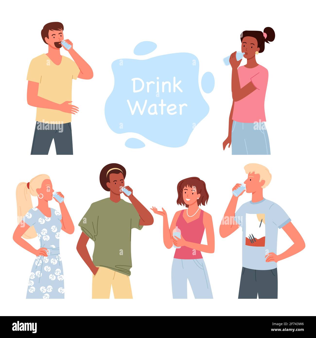 People drink water set, bearded man, guy holding glass, woman standing with water bottle Stock Vector