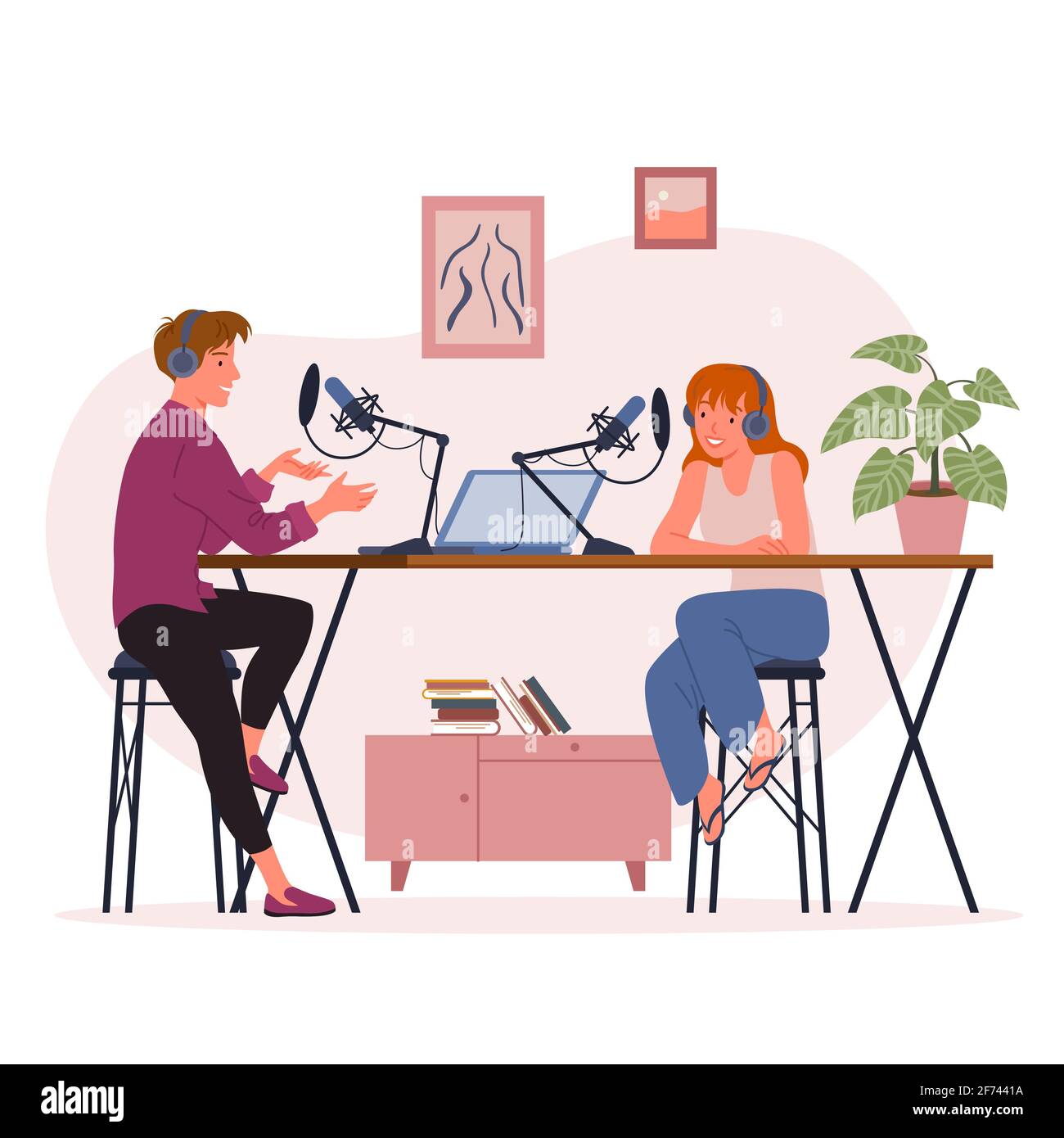 Blogger podcaster people streaming, young man woman posting short video to vlog or blog Stock Vector