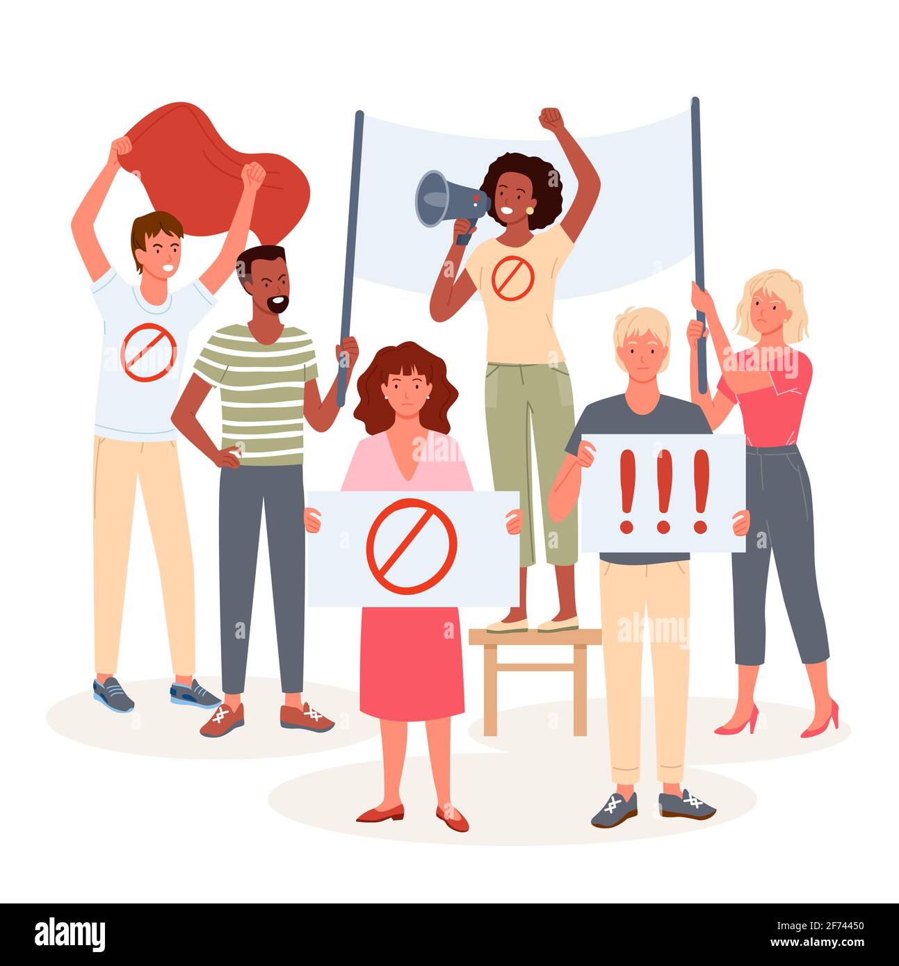 People protest, activism, man woman activists demonstrate, take part in demonstration Stock Vector