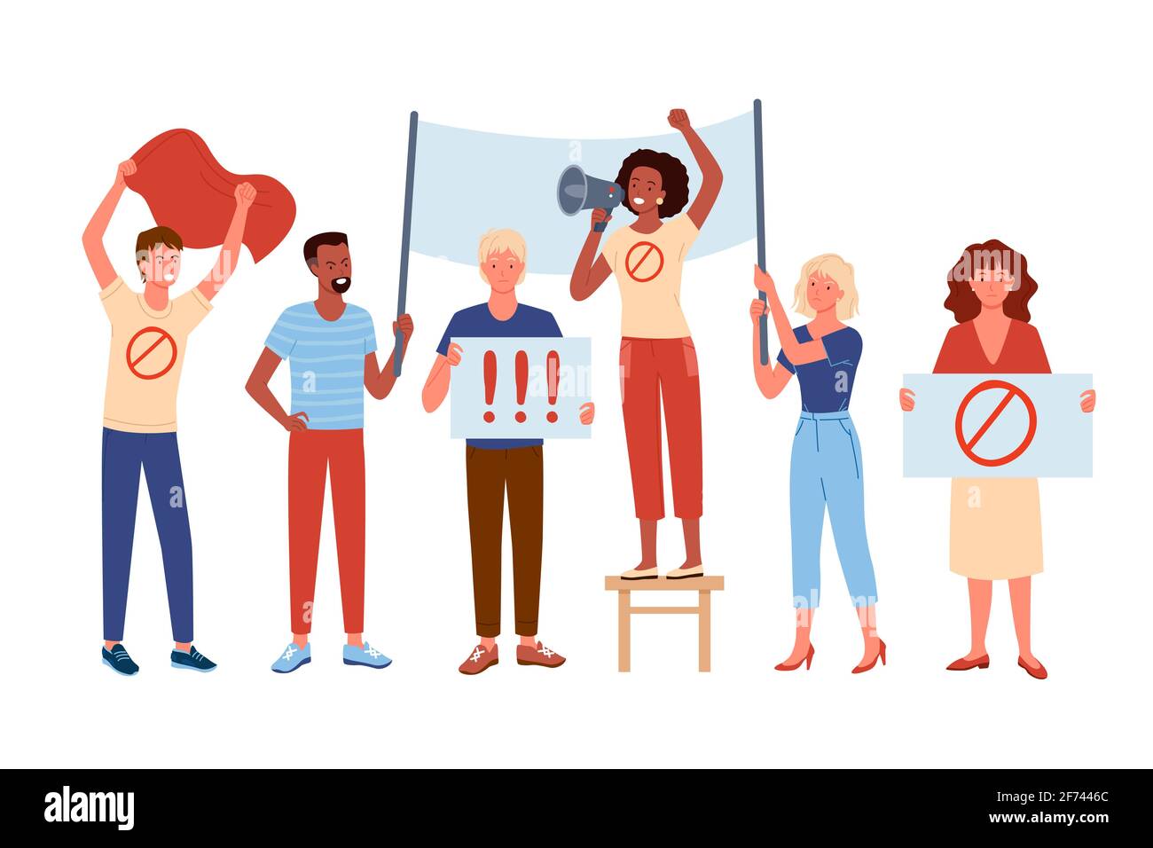 People protest, activism Cartoon man woman activist characters demonstrate, take part in protest demonstration, standing together and holding flag and Stock Vector
