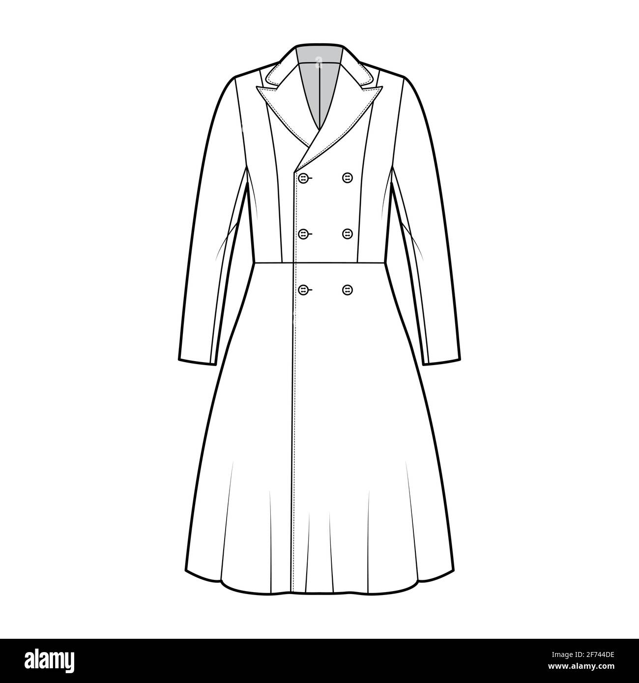 Redingote coat technical fashion illustration with double breasted, fitted, long sleeves, peak lapel collar, knee length. Flat jacket template front, white color style. Women men unisex top CAD mockup Stock Vector