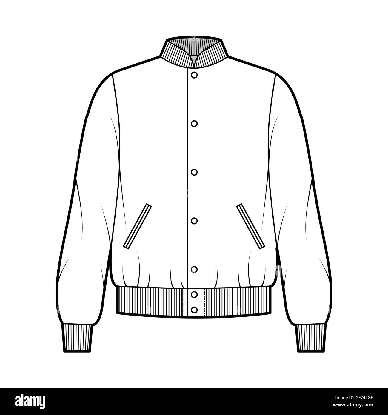 Varsity Bomber jacket technical fashion illustration with Rib baseball collar, cuffs, jetted pockets, buttons fastening, long sleeves. Flat coat template front, white color. Women men unisex top CAD Stock Vector