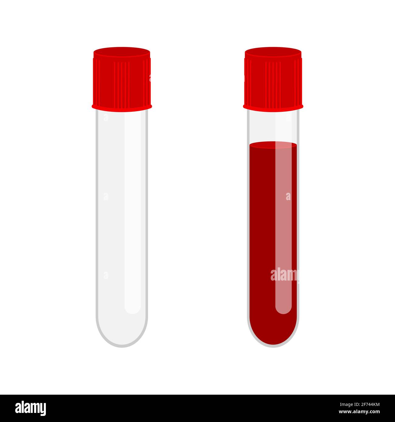 Glass test tube empty and full with blood sample isolated on white