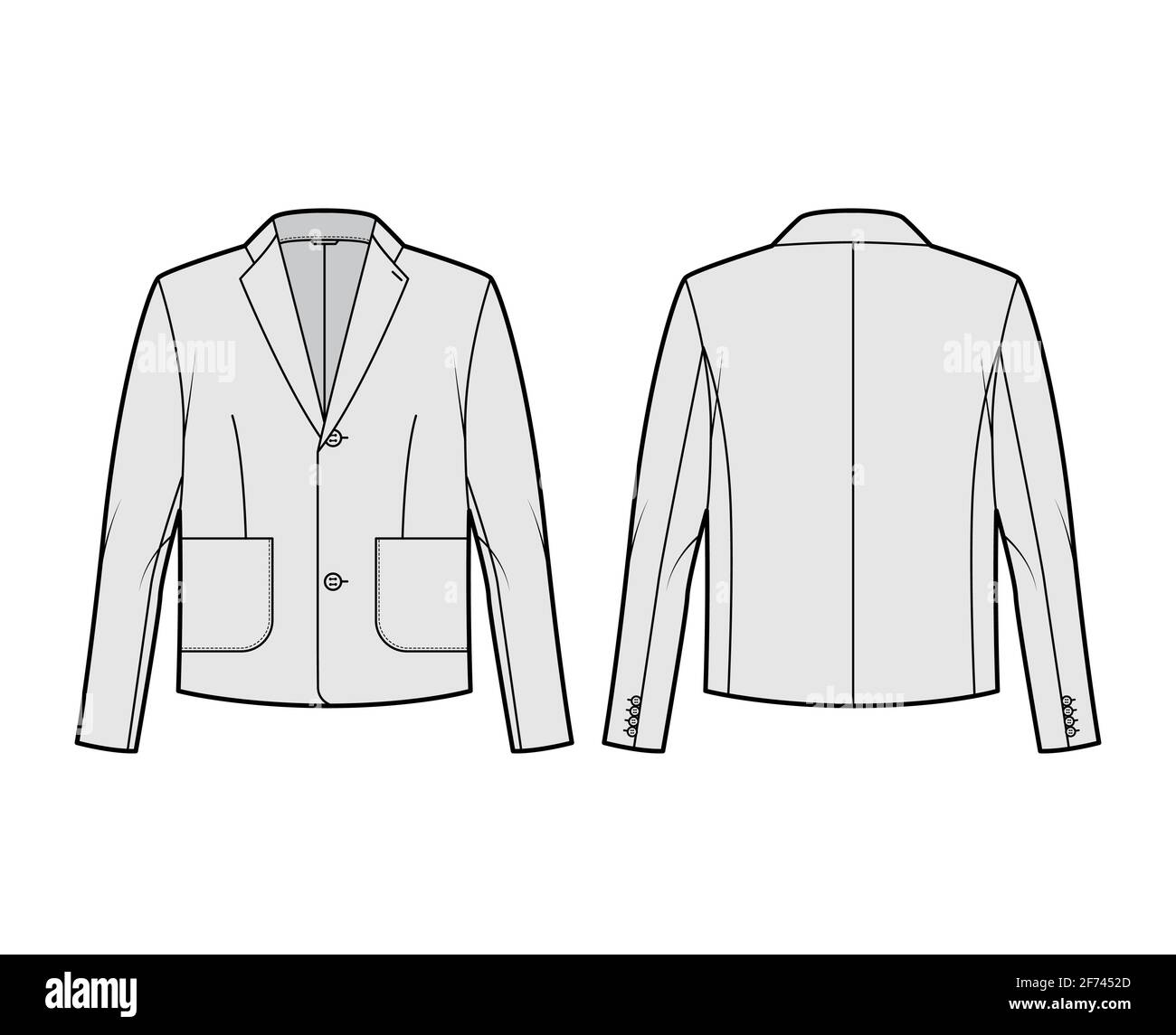 Blazer jacket suit technical fashion illustration with long sleeves,  notched lapel collar, patch pockets, oversized body. Flat coat template  front, back, grey color. Women, men, unisex top CAD mockup Stock Vector  Image