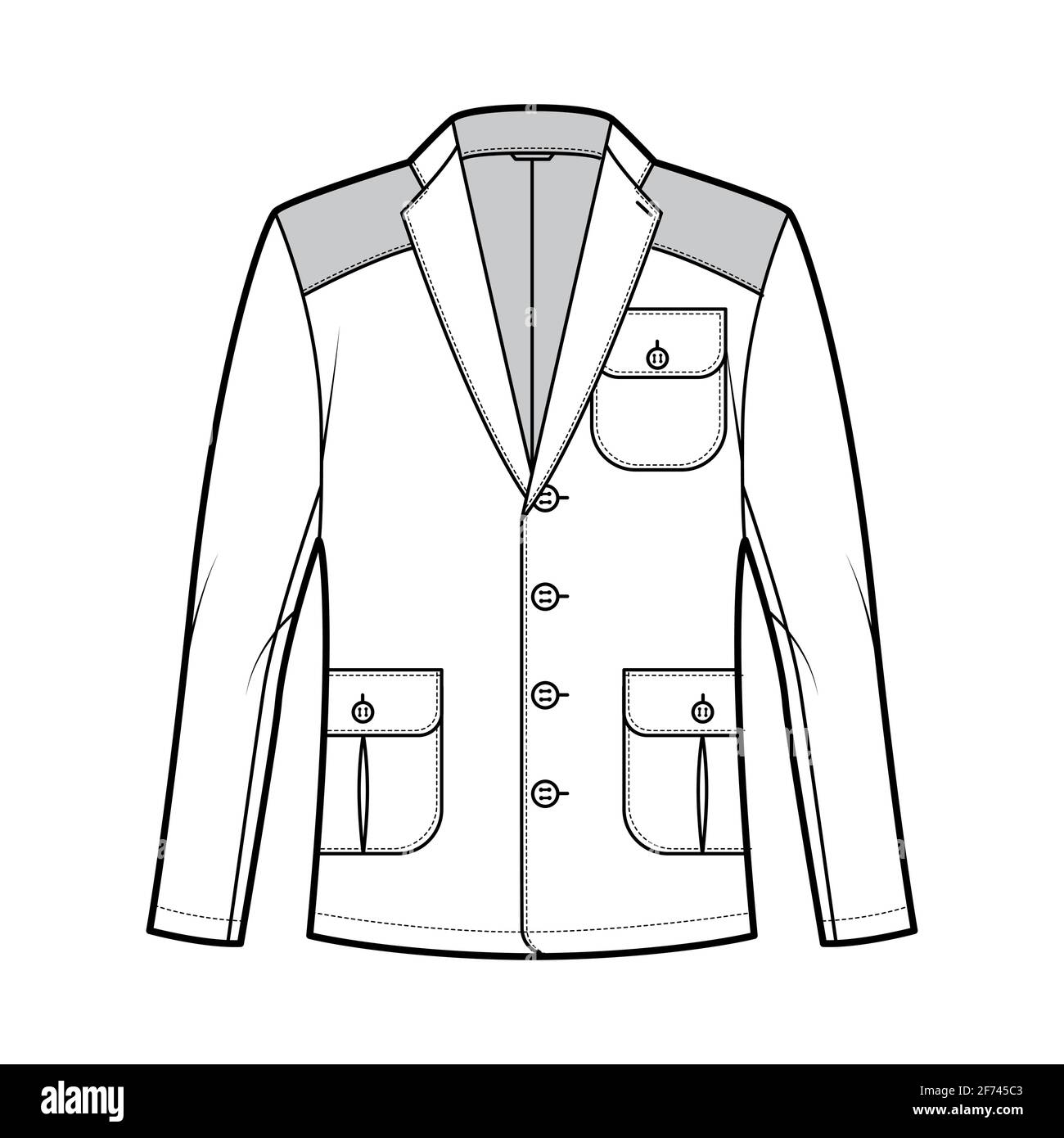 Hunting Shooting jacket technical fashion illustration with long sleeves, notched collar, flap