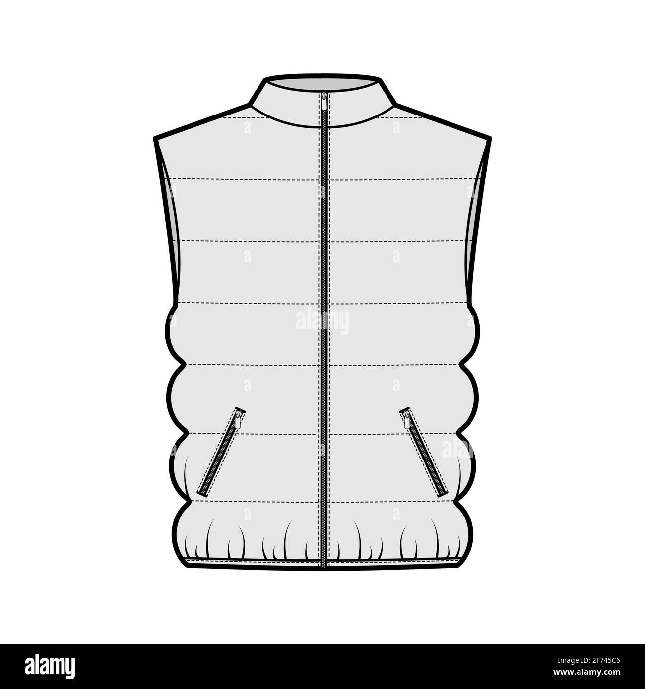 Down vest puffer waistcoat technical fashion illustration with sleeveless, stand collar, zip-up closure, pockets, oversized body. Flat template front, grey color style. Women men unisex top CAD mockup Stock Vector