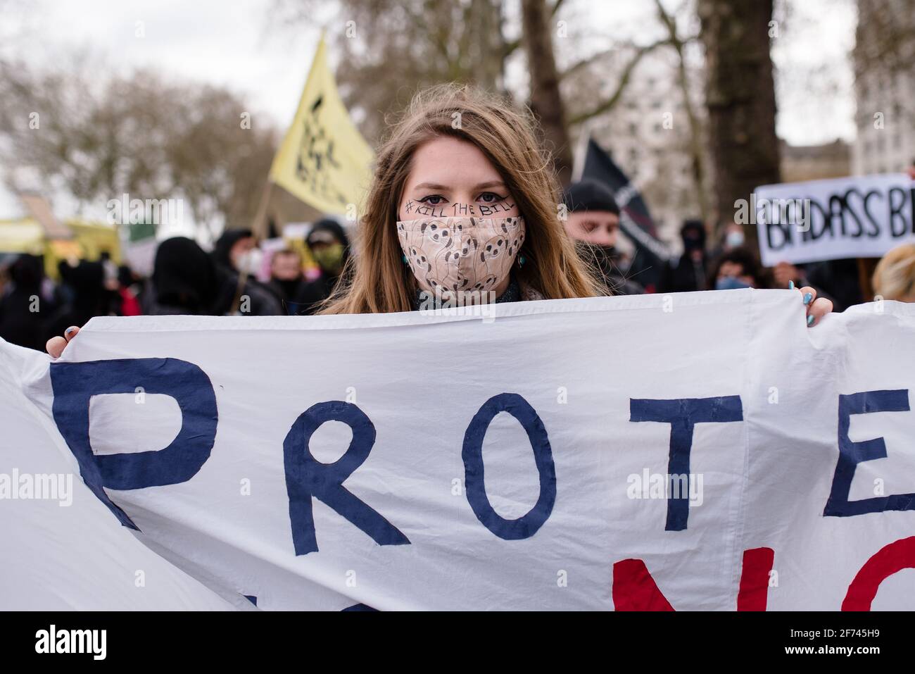 London, UK - April 3, 2021: “Kill The Bill” protest, Extinction Rebellion, Black Lives Matter, Antifa, Reclaim The Streets against new policing bill Stock Photo