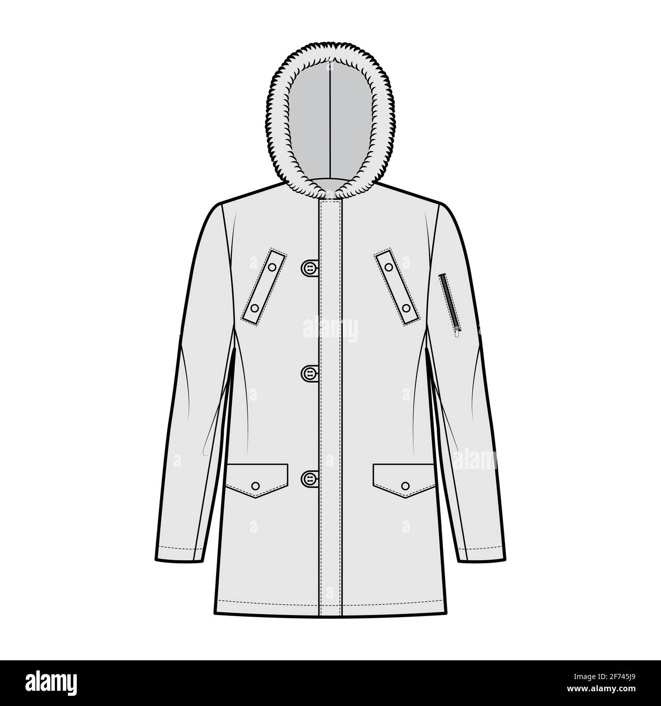 N-3B flight parka technical fashion illustration with oversized, fur hood, long sleeves, flap pockets, button loop opening. Flat coat template front, grey color style. Women men unisex top CAD mockup Stock Vector
