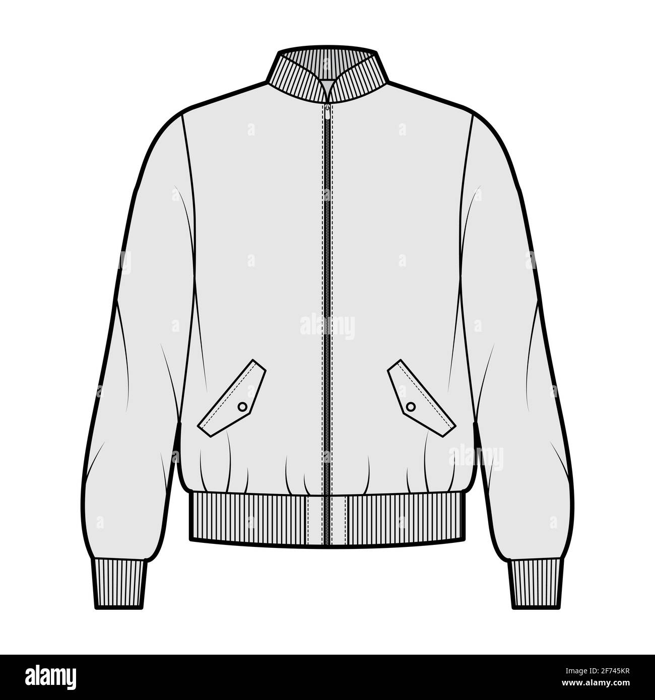 Zip-up Bomber ma-1 flight jacket technical fashion illustration with Rib collar, cuffs, oversized, long sleeves, flap pockets. Flat coat template front, grey color. Women men unisex top CAD mockup Stock Vector