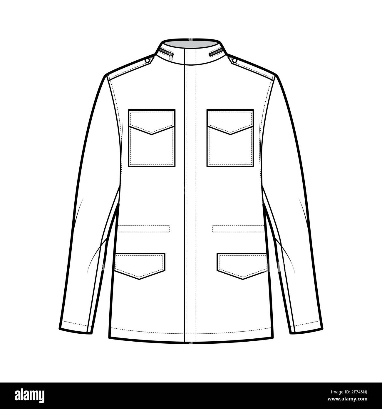 M-65 field jacket technical fashion illustration with oversized, stand collar, hide hood, long sleeves, flap pockets, epaulettes. Flat coat template front, white color style. Women men top CAD mockup Stock Vector