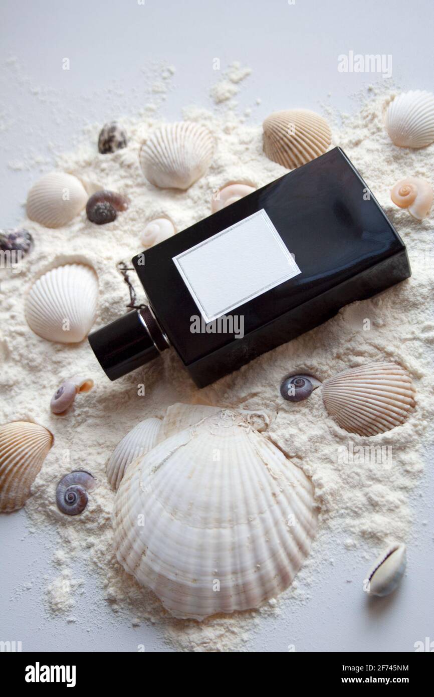 Cruise concept. Black glass perfume bottle on white sand with seashells Stock Photo
