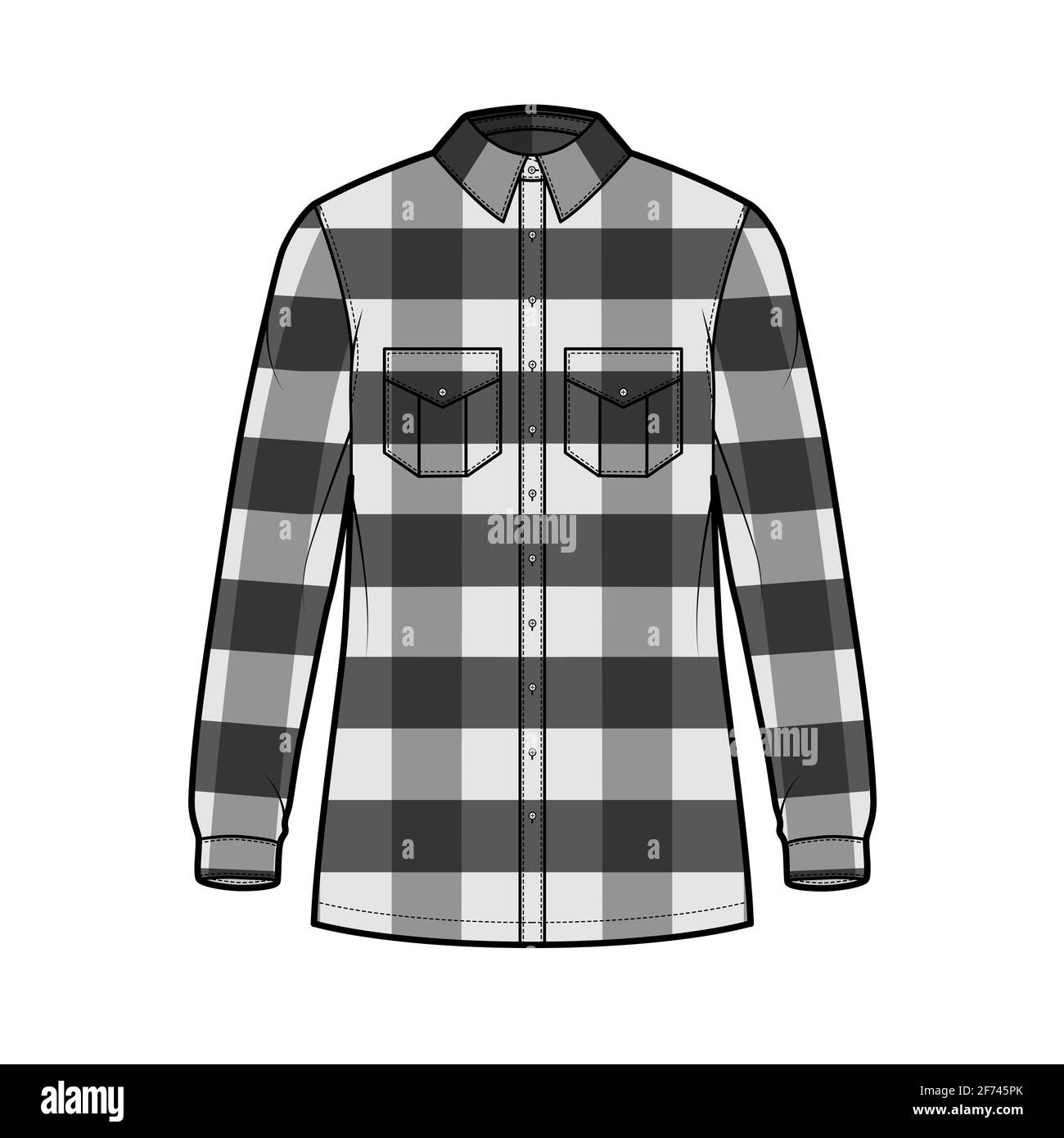 Lumber jacket technical fashion illustration with Buffalo Check motif, oversized body, flap pockets, button closure, long sleeves. Flat apparel front, grey color style. Women, men unisex CAD mockup Stock Vector