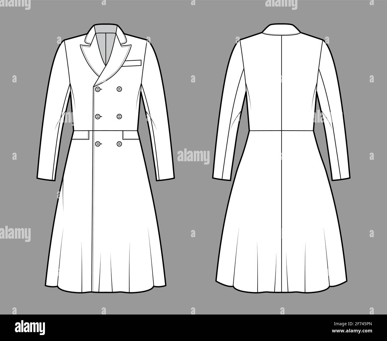 Frock coat technical fashion illustration with double breasted, long sleeves, round collar peak, knee length, A-line skirt. Flat template front, back, white color style. Women, men, unisex CAD mockup Stock Vector
