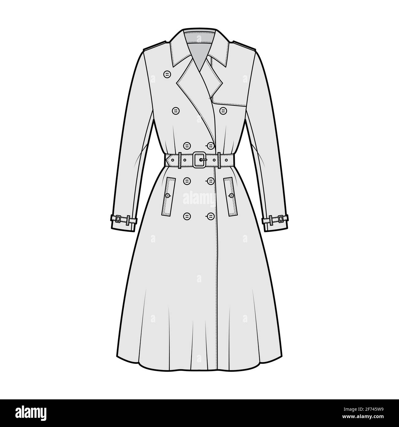 Full Trench coat technical fashion illustration with belt, double breasted, long sleeves, napoleon wide lapel collar. Flat jacket template front, grey color style. Women, men, unisex top CAD mockup Stock Vector