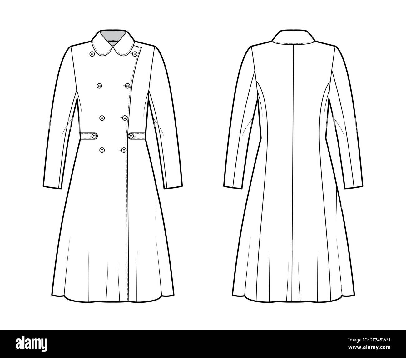 Skating coat technical fashion illustration with tabs, double breasted, round collar, knee length, A-line silhouette. Flat jacket template front, back, white color style. Women, men top CAD mockup Stock Vector