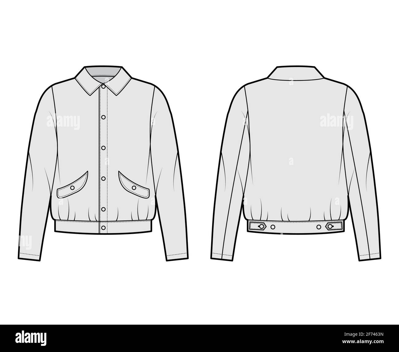 Blouson jacket technical fashion illustration with classic collar, oversized, long sleeves, flap pockets, snap buttons fastening. Flat coat template front, back, grey color. Women men top CAD mockup Stock Vector