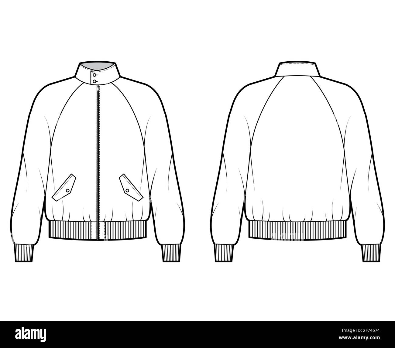 Zip-up Harrington Bomber jacket technical fashion illustration with Rib cuffs, oversized, long raglan sleeves, flap pockets. Flat coat template front, back white color. Women men unisex top CAD mockup Stock Vector