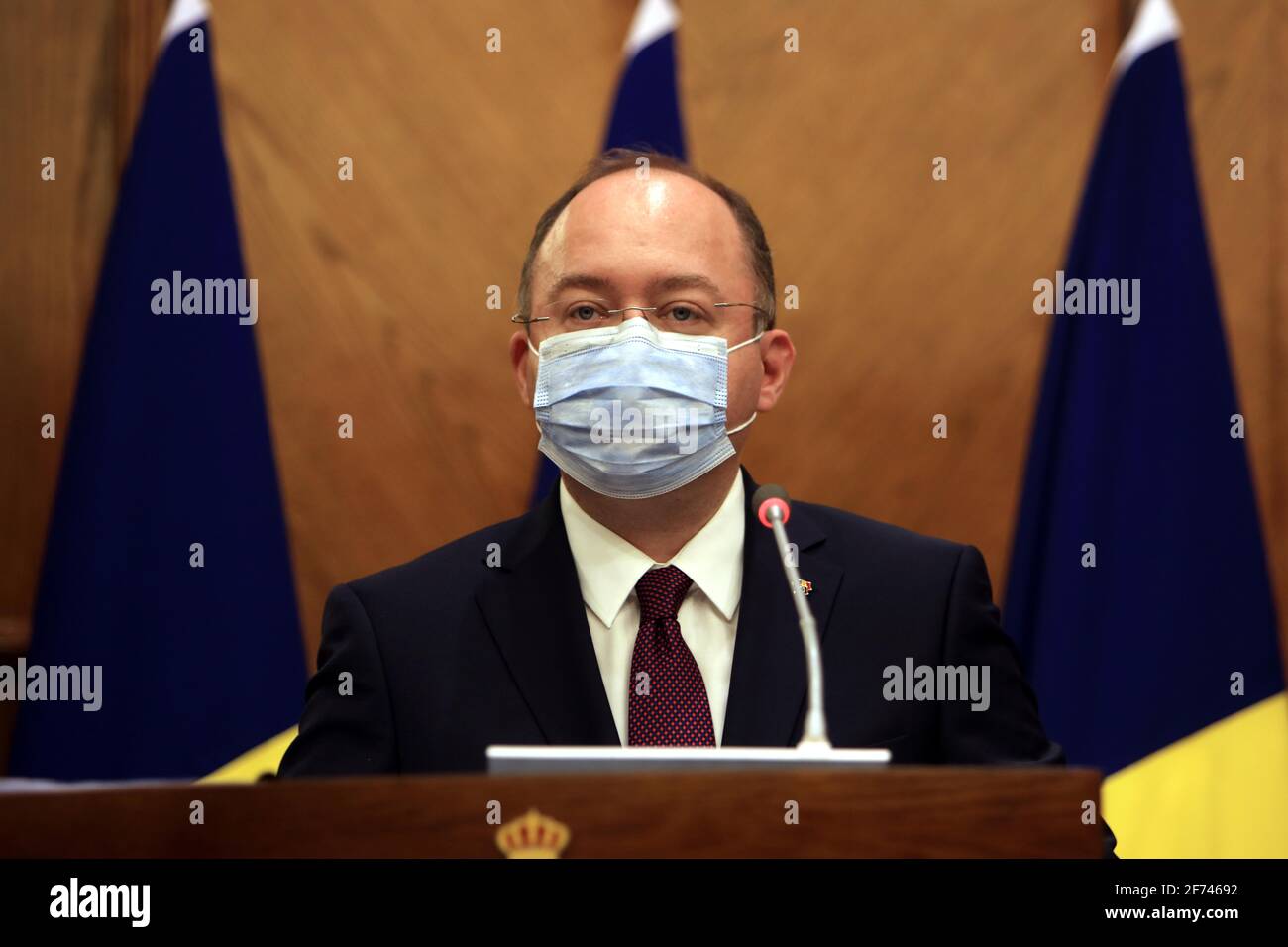 Amman, Jordan. 4th Apr, 2021. Romanian Foreign Minister Bogdan Aurescu  speaks during a press conference with Jordanian Foreign Minister Ayman  Safadi (not in the picture) in Amman, Jordan, on April 4, 2021.