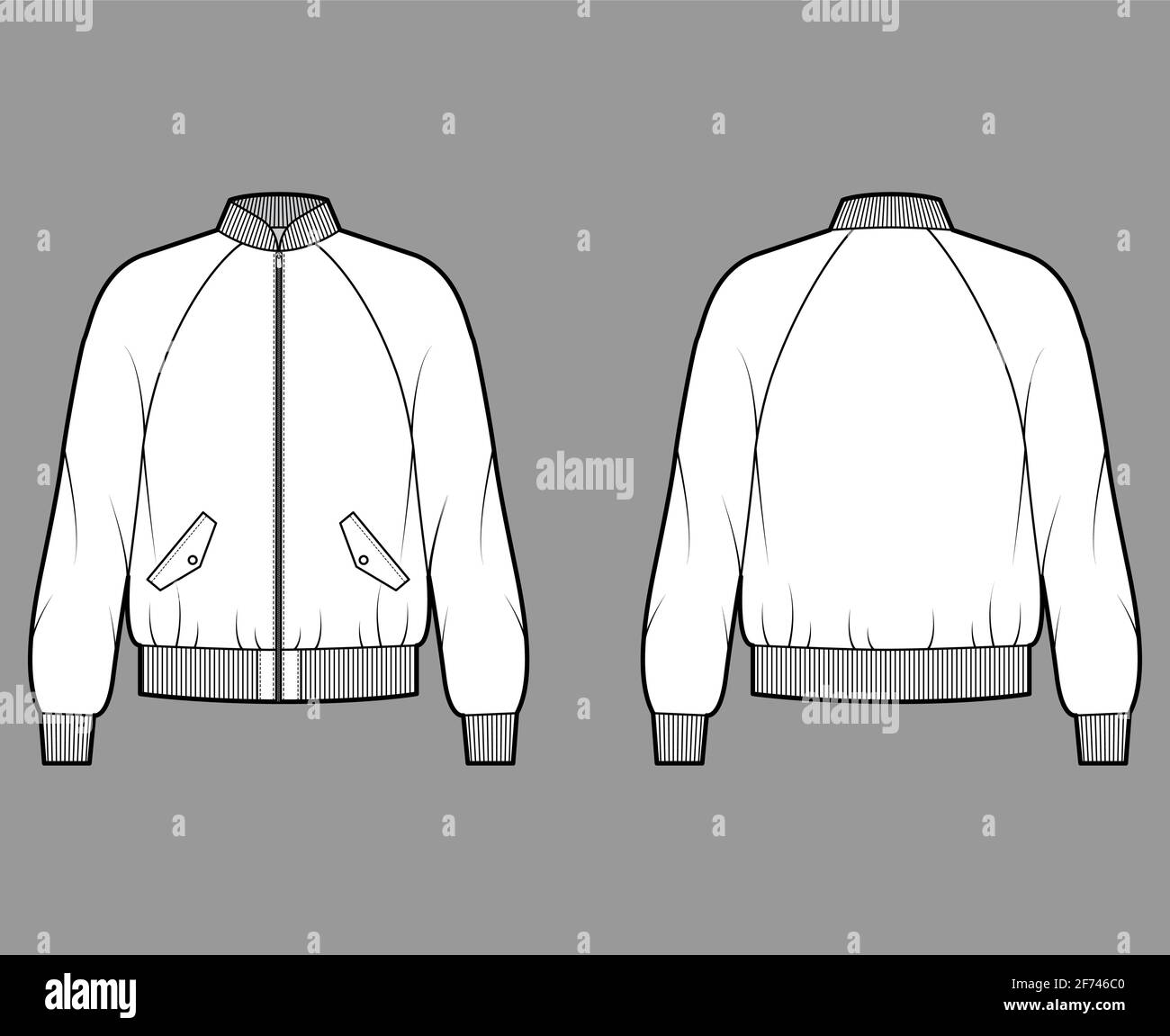 Zip-up Bomber ma-1 flight jacket technical fashion illustration with Rib collar, cuffs, long raglan sleeves, flap pockets. Flat coat template front, back white color. Women men unisex top CAD mockup Stock Vector